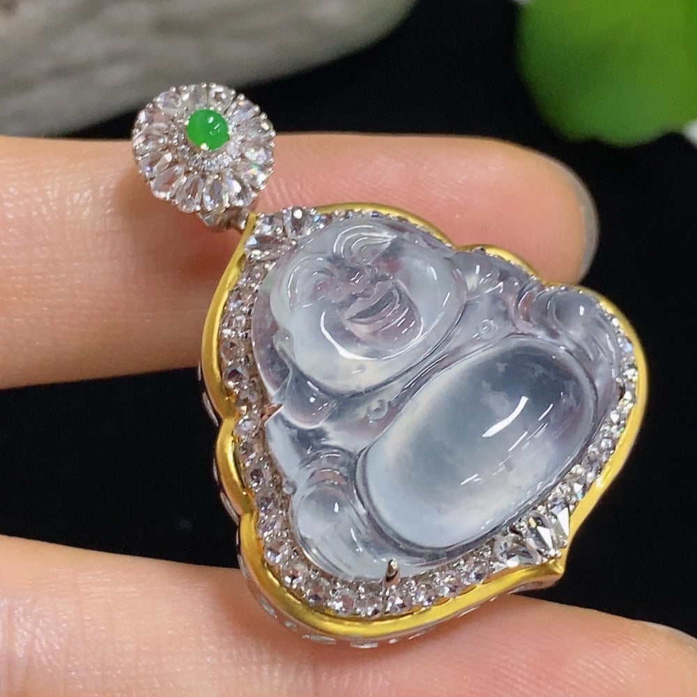 Jadeite Buddha pendant necklace with 18K gold and diamond accents, featuring a detailed Buddha figure on a chain.