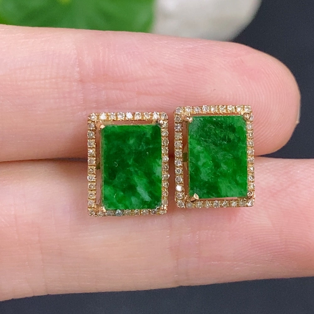 Jadeite ear studs with 18k gold and diamond accents, polished finish, delicate and elegant jewelry by HKHQ