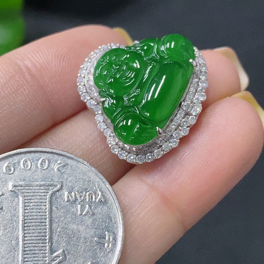 Jadeite Inlaid Buddha Pendant with and Diamond Accents, . | Huiliu Certified