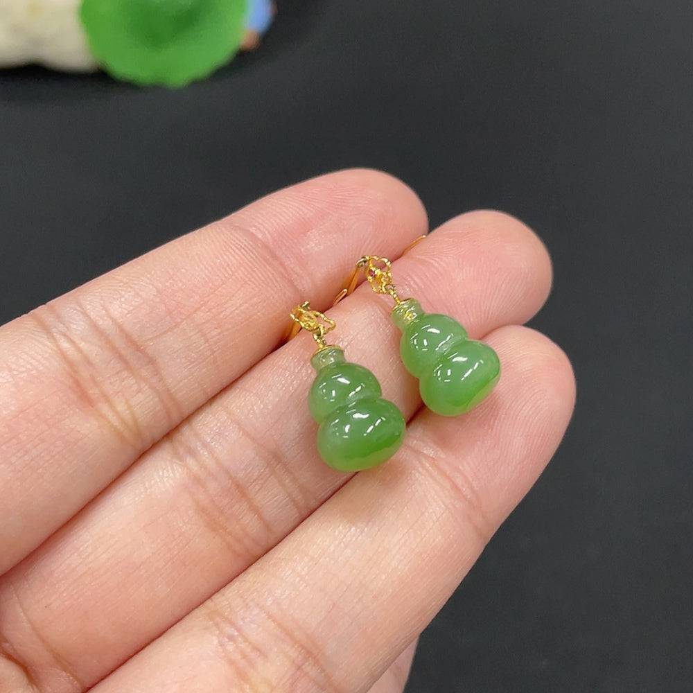 Huiliu certified Hetian jade inlaid earrings featuring gourd shapes with no stamp, crafted from smooth, polished jade.