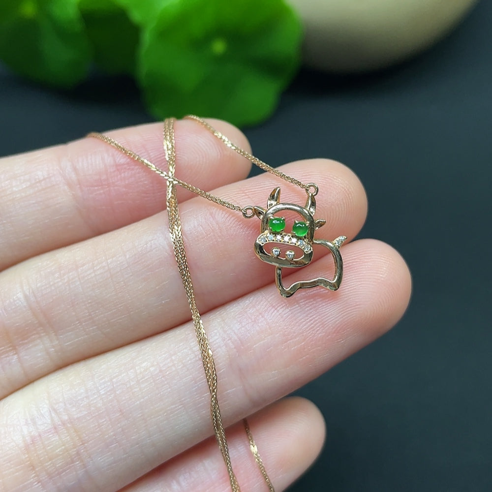 Jadeite Cabochon Pendant Necklace with 18K Gold and Diamond Accents, Total Weight Approximately 1.34g Including Chain