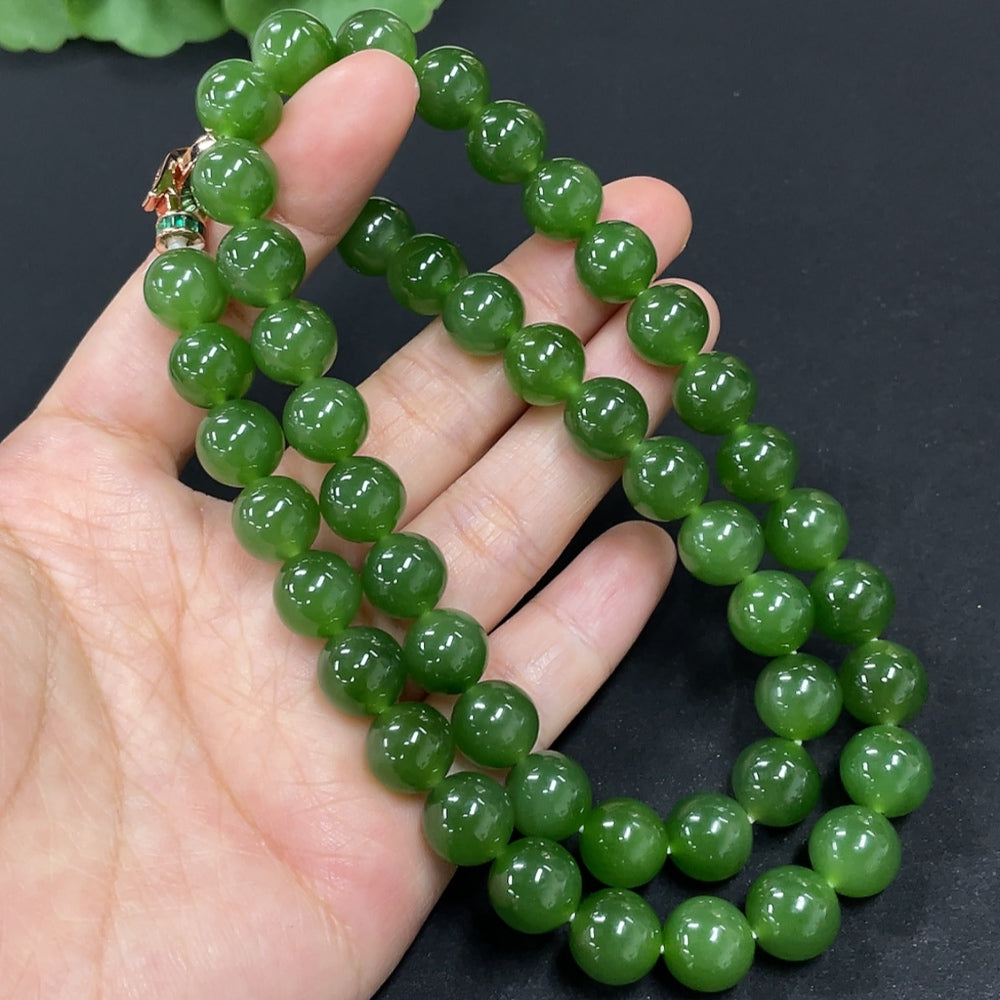 Green Hetian Jade Bead Necklace, Non-Gold