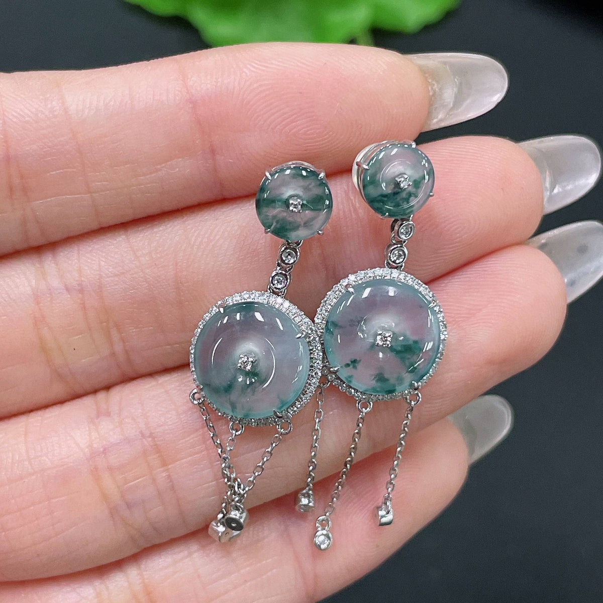 HUILIU HQ Jadeite safety buckle earrings with diamond accents and ear backs, featuring polished jade jewelry with intricate inlay design.