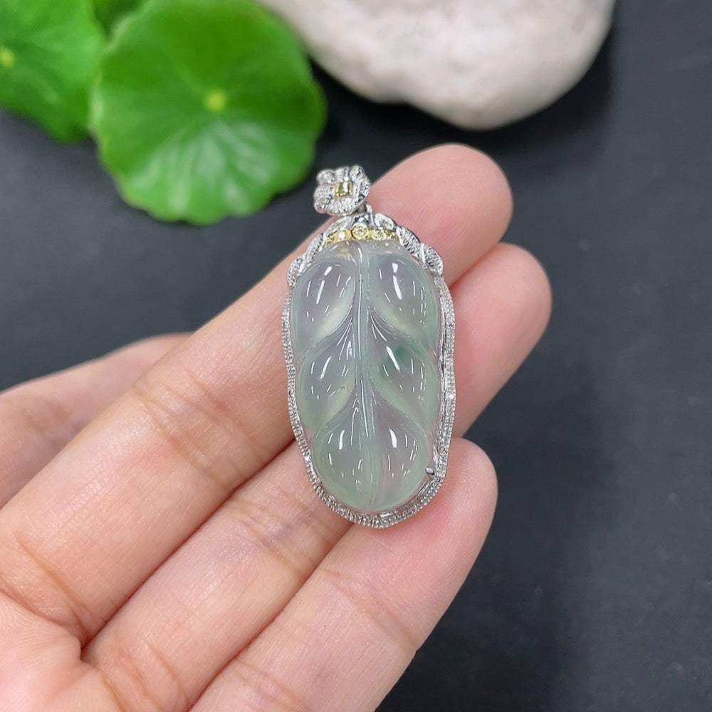 Jadeite leaf pendant with setting, non-diamond (excessive glue affecting quality), . | Huiliu Certified