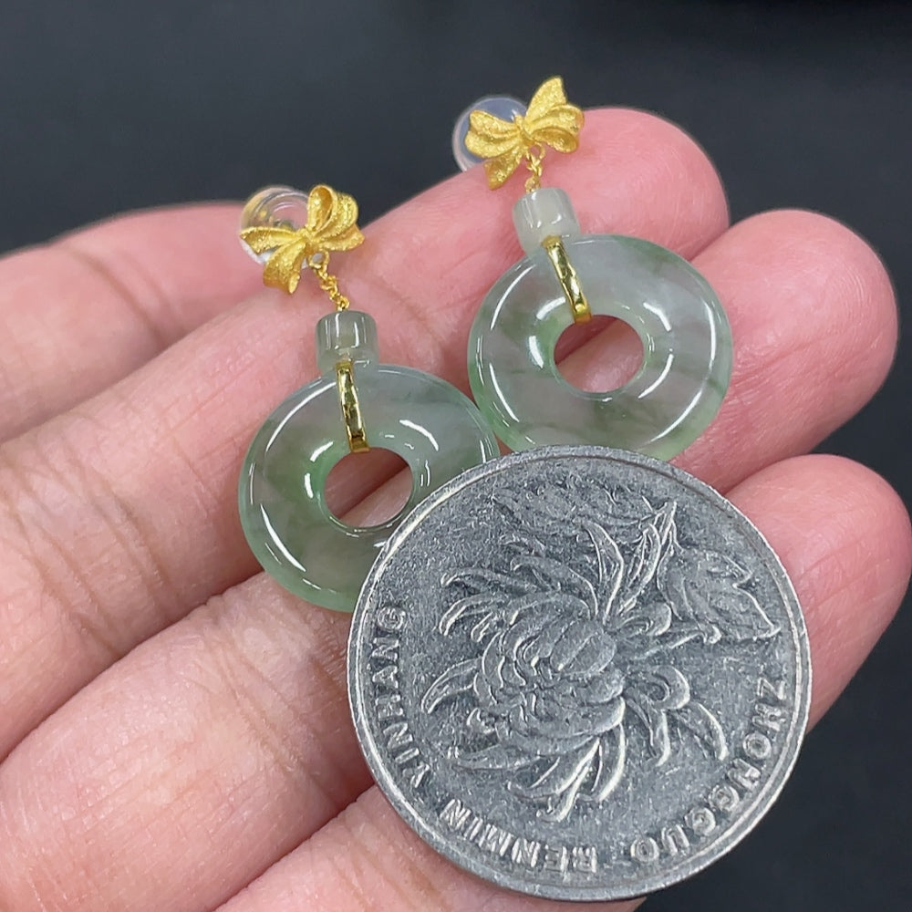HUILIU HQ jadeite donut stud earrings in 18k gold setting, featuring round green jade stones with butterfly backs.