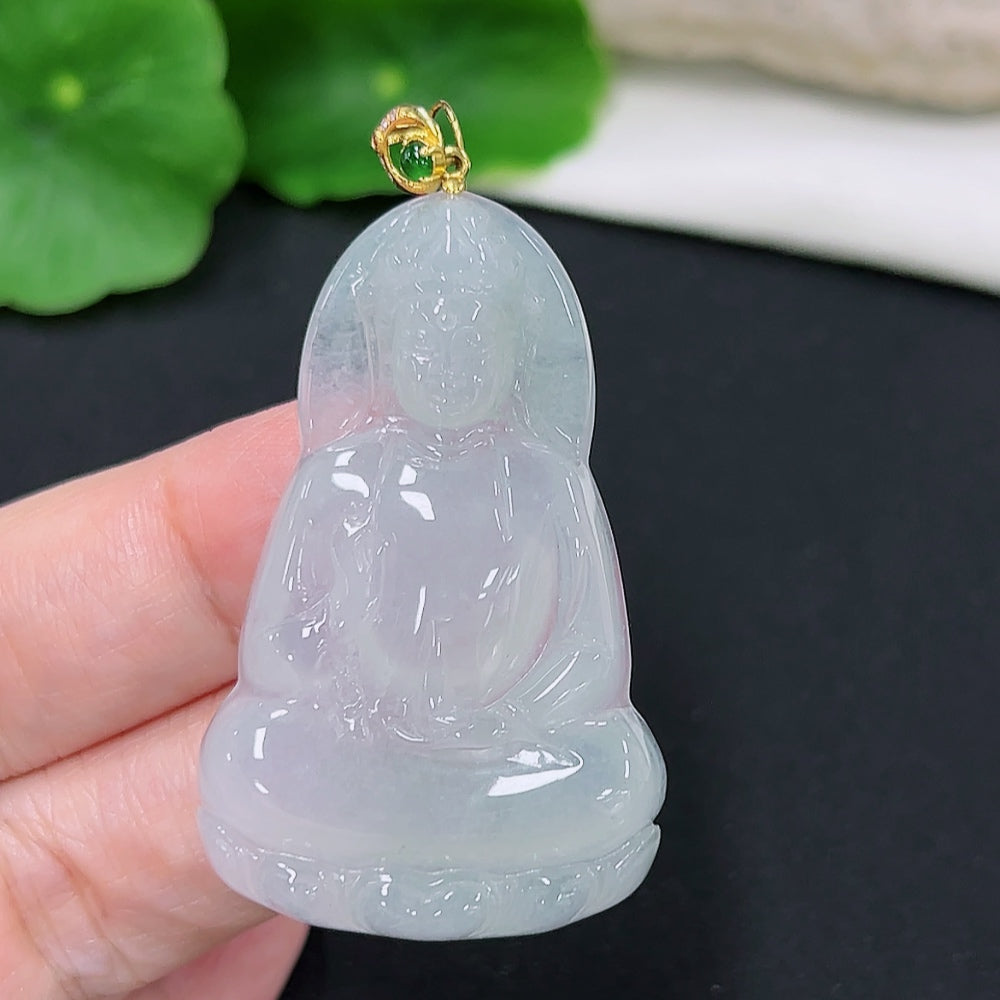 Jadeite Guanyin Pendant 18K Gold Total Weight Approx. 12.7g (Set with Colorless Diamonds)