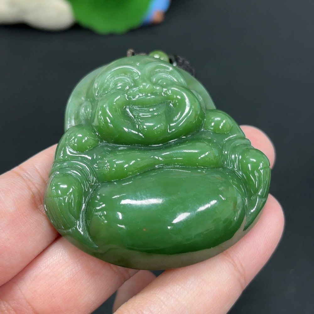 Hetian Jade Buddha pendant with rope, weighs approximately 58.6g, featuring smooth, polished jade craftsmanship from HKHQ.