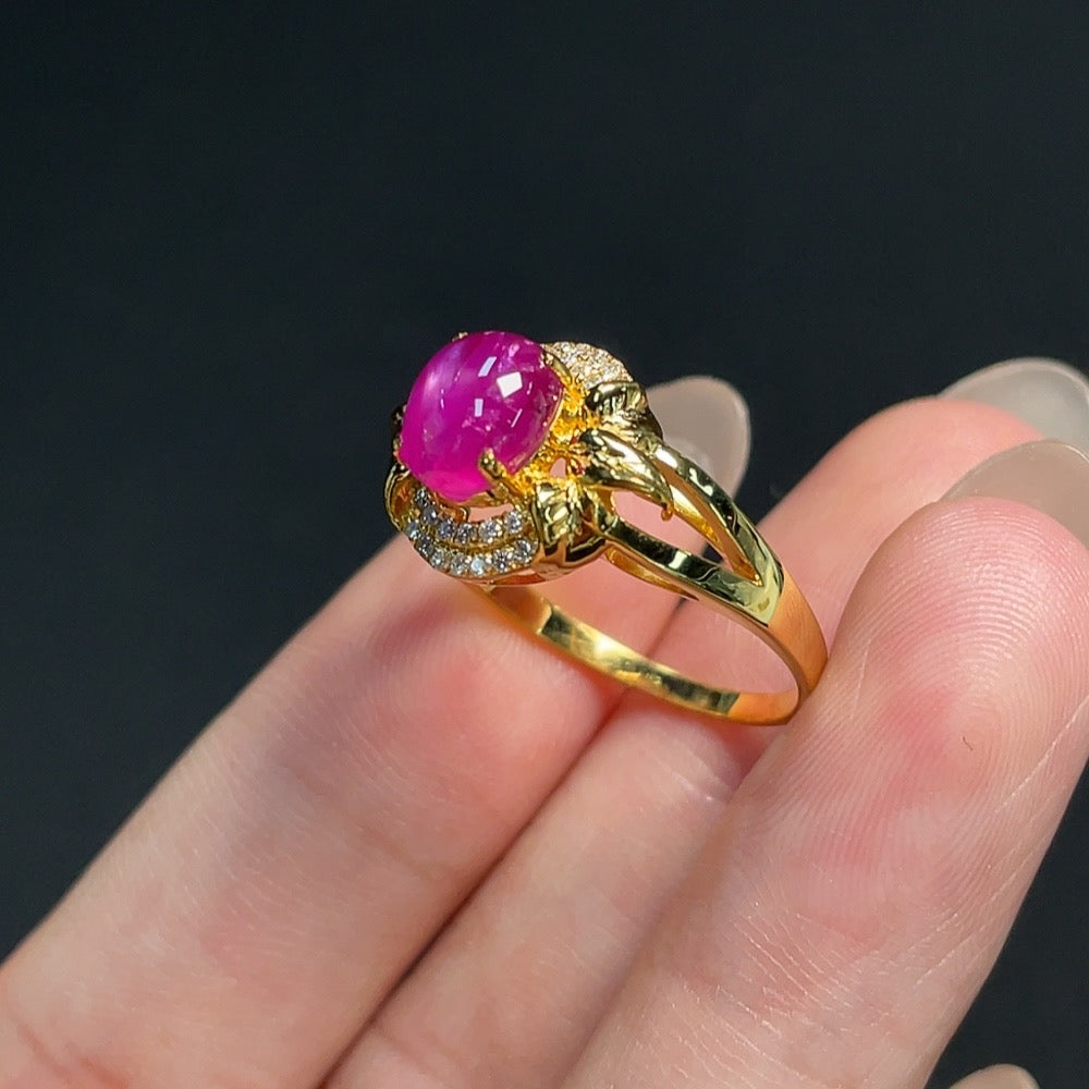18k gold Ruby inlaid ring with diamond accents, size 16, from HKHQ, showcasing vibrant gemstones and elegant design.
