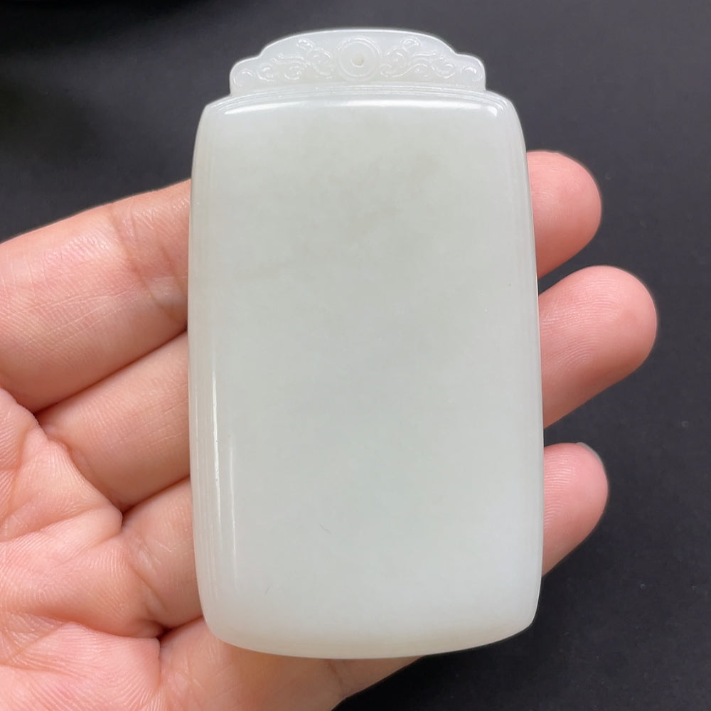 HKHQ Hetian Jade plain pendant, smooth rectangular design, approximately 80.1g, showcasing rich green jade stone.