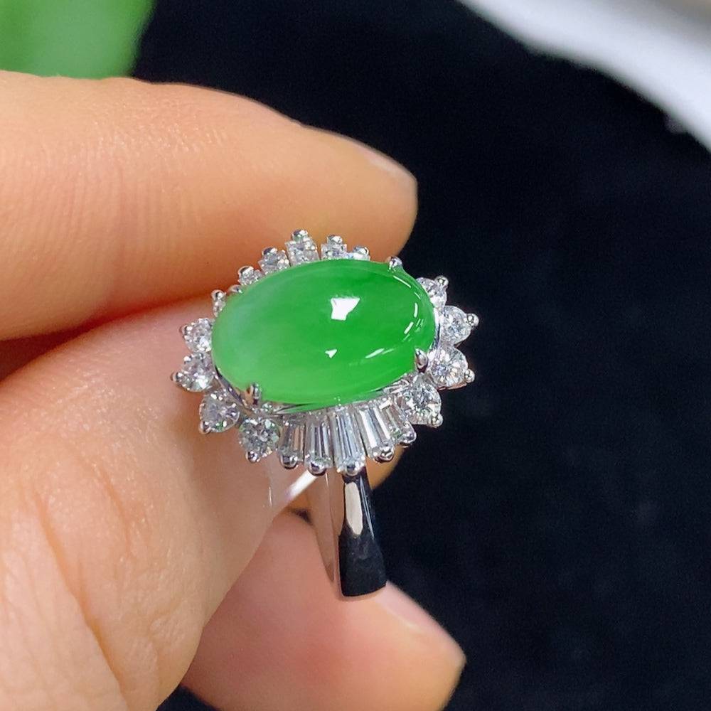 Huiliu Jadeite ring with diamond accents, crafted in smooth jade, showcasing elegant design and fine craftsmanship.