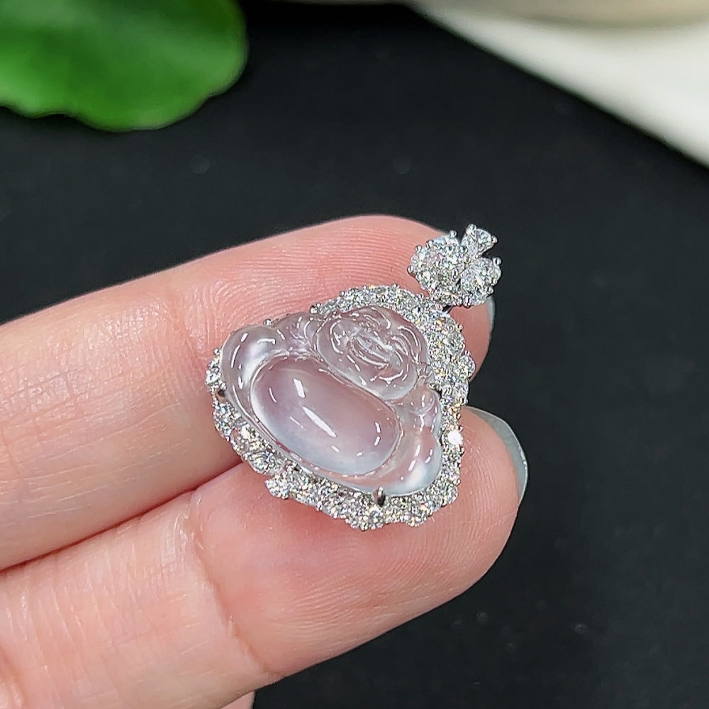 Jadeite Buddha pendant necklace with 18k non-diamond setting, showcasing a detailed Buddha figure on a delicate chain.