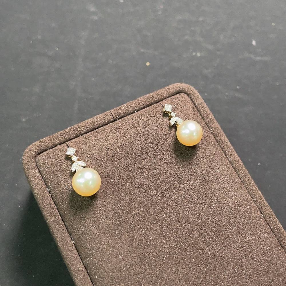 HUILIU HQ seawater pearl earrings with diamond accents, 18k gold, 9mm size, elegant jewelry with shimmering pearls and sparkling diamonds