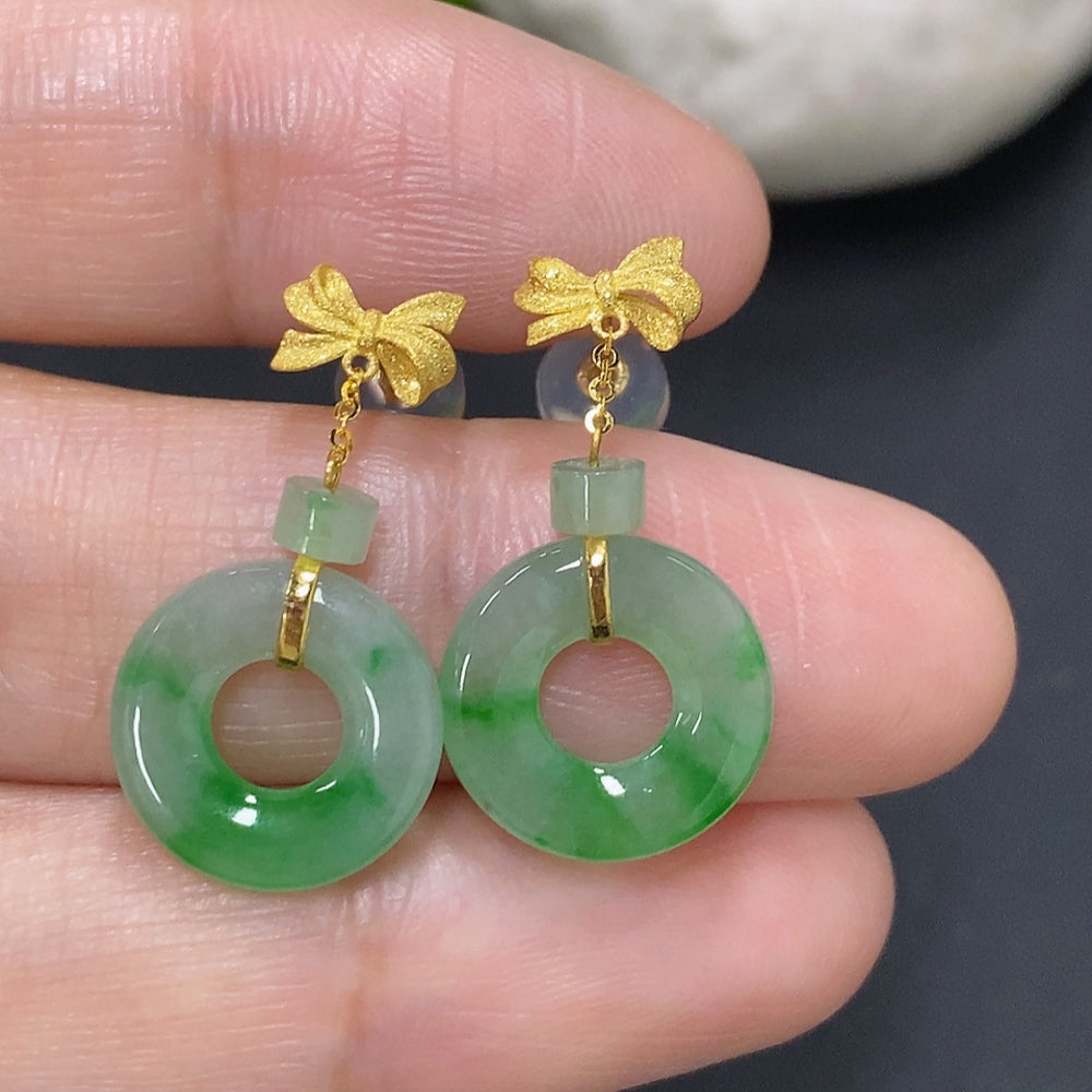 HUILIU HQ jadeite inlaid earrings with 18K gold, lightweight jewelry featuring green jade stones and gold accents.