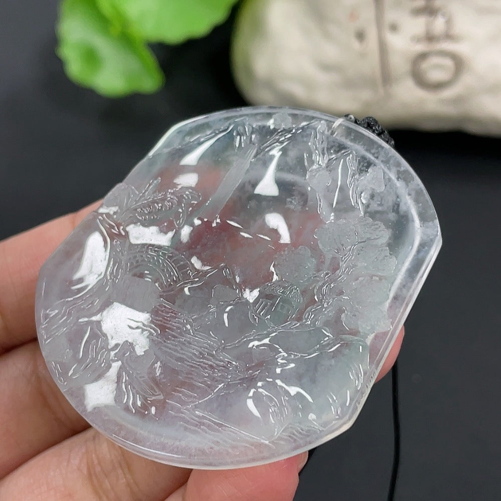 Jadeite pendant landscape plaque with rope, weighing 23.84g, crafted by HUILIU HQ, featuring natural jade green hues and detailed carvings.