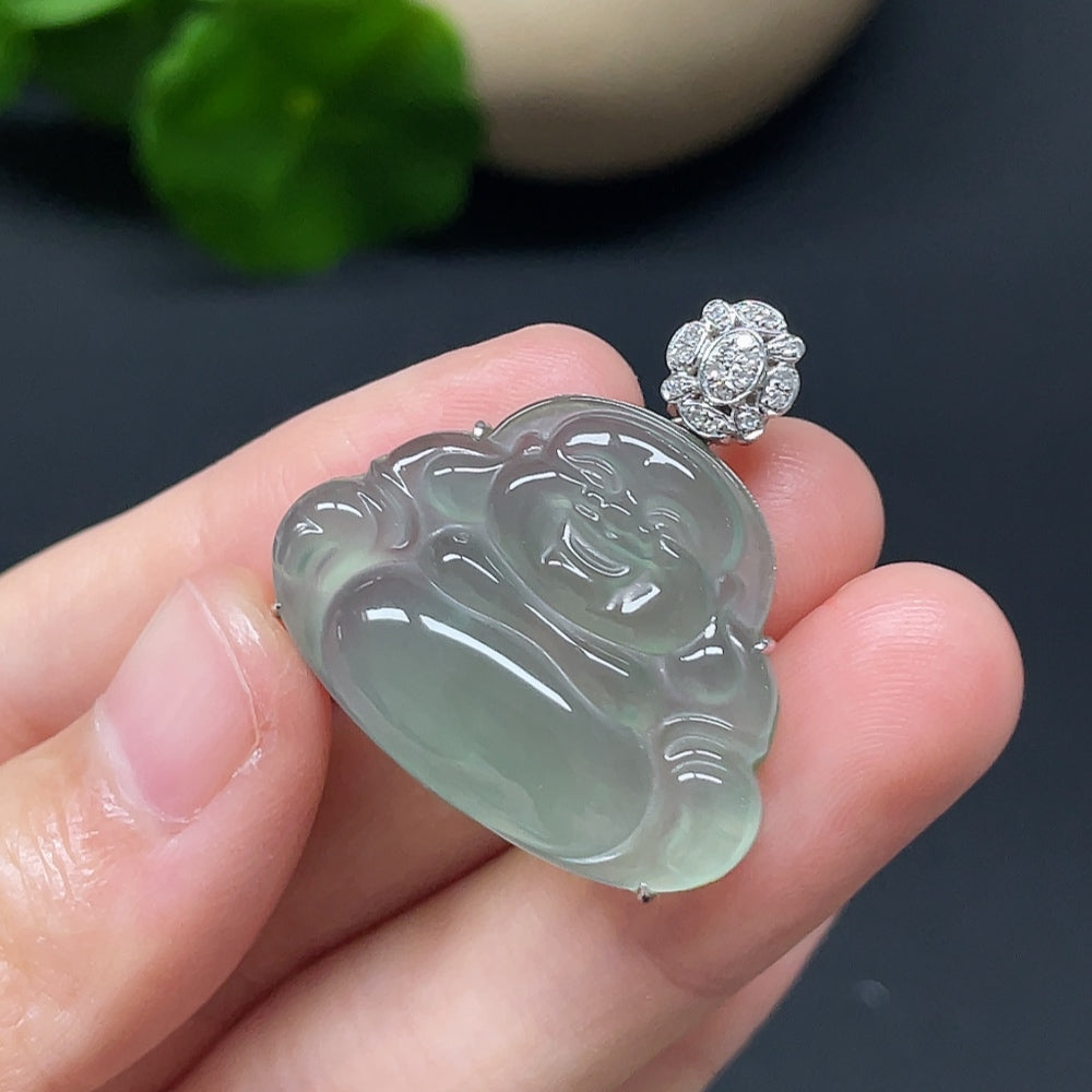 Jadeite Buddha pendant with inlaid diamonds on 18k chain, marked PT99%, weighing 13.47g, featuring intricate jade craftsmanship.
