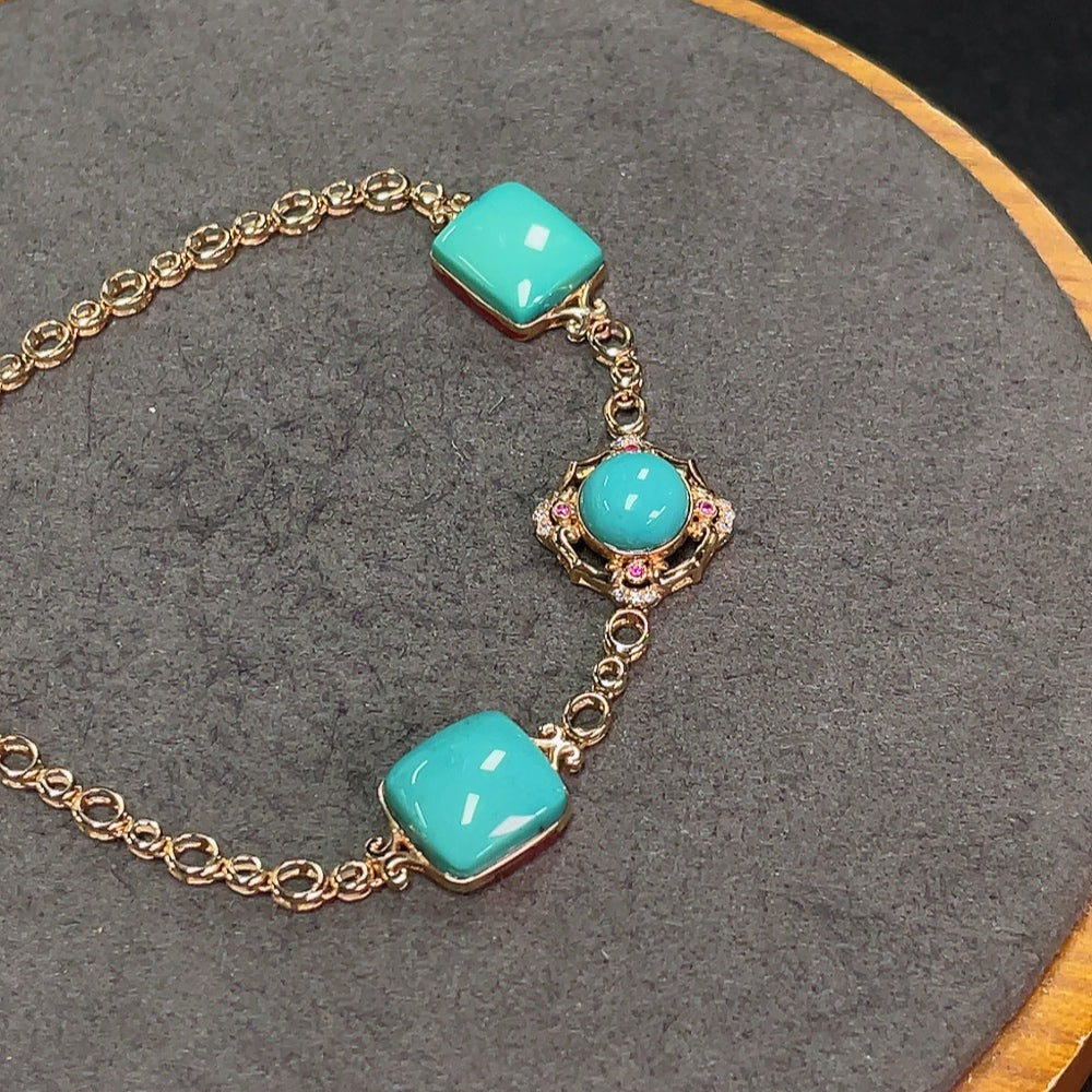 Turquoise Bracelet Marked Au 58% with Remaining 18K Gold Set with Colorless Diamonds Stone