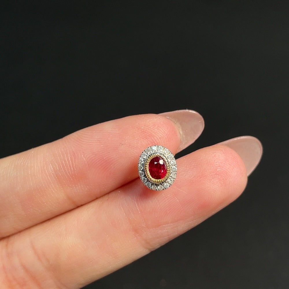 Ruby Stud Earring, Single Piece, 18K Gold, Total Weight Approx. 0.63g, Accented with Diamonds