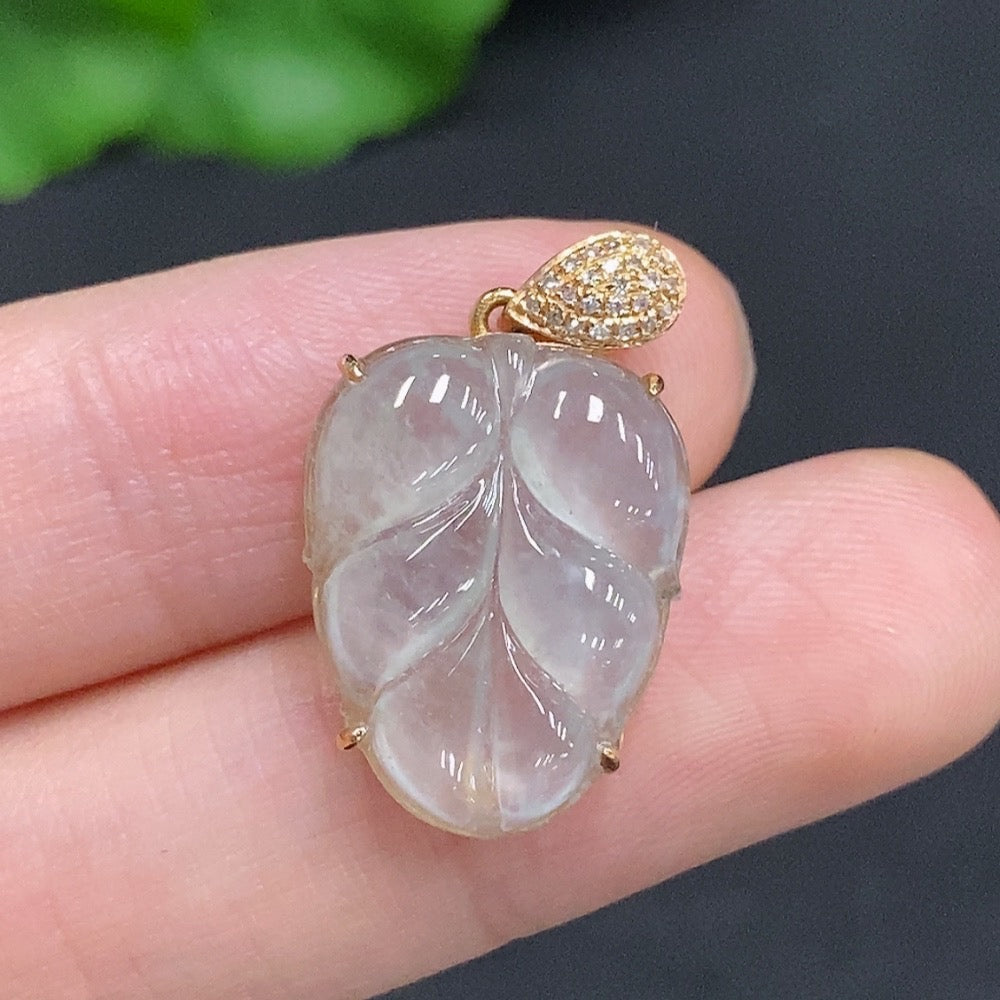 Jadeite Leaf Pendant with and Diamond Accents, . | Huiliu Certified