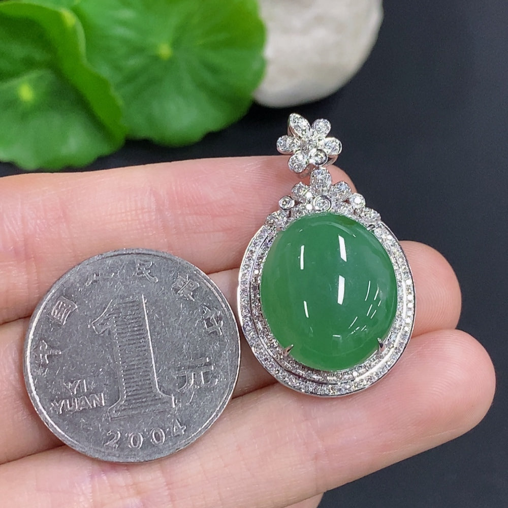 Jadeite Cabochon Pendant in 18K Gold with Diamond Accents
