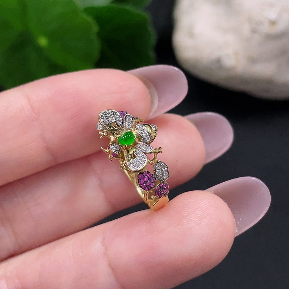 Jadeite Inlaid Ring Size 12 71% Gold Content Total Weight Approx. 2.4g (Inlaid with Colorless Diamonds)