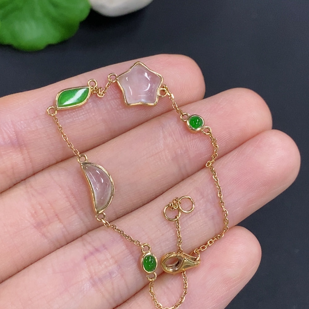 Jadeite inlaid bracelet with 18k gold accents and non-A grade green stones, featuring a delicate design and smooth finish.