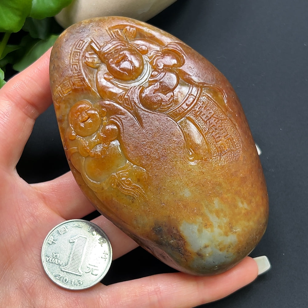 Hetian Jade Double Blessings Handheld Piece, color origin undetermined, contains other mineral components