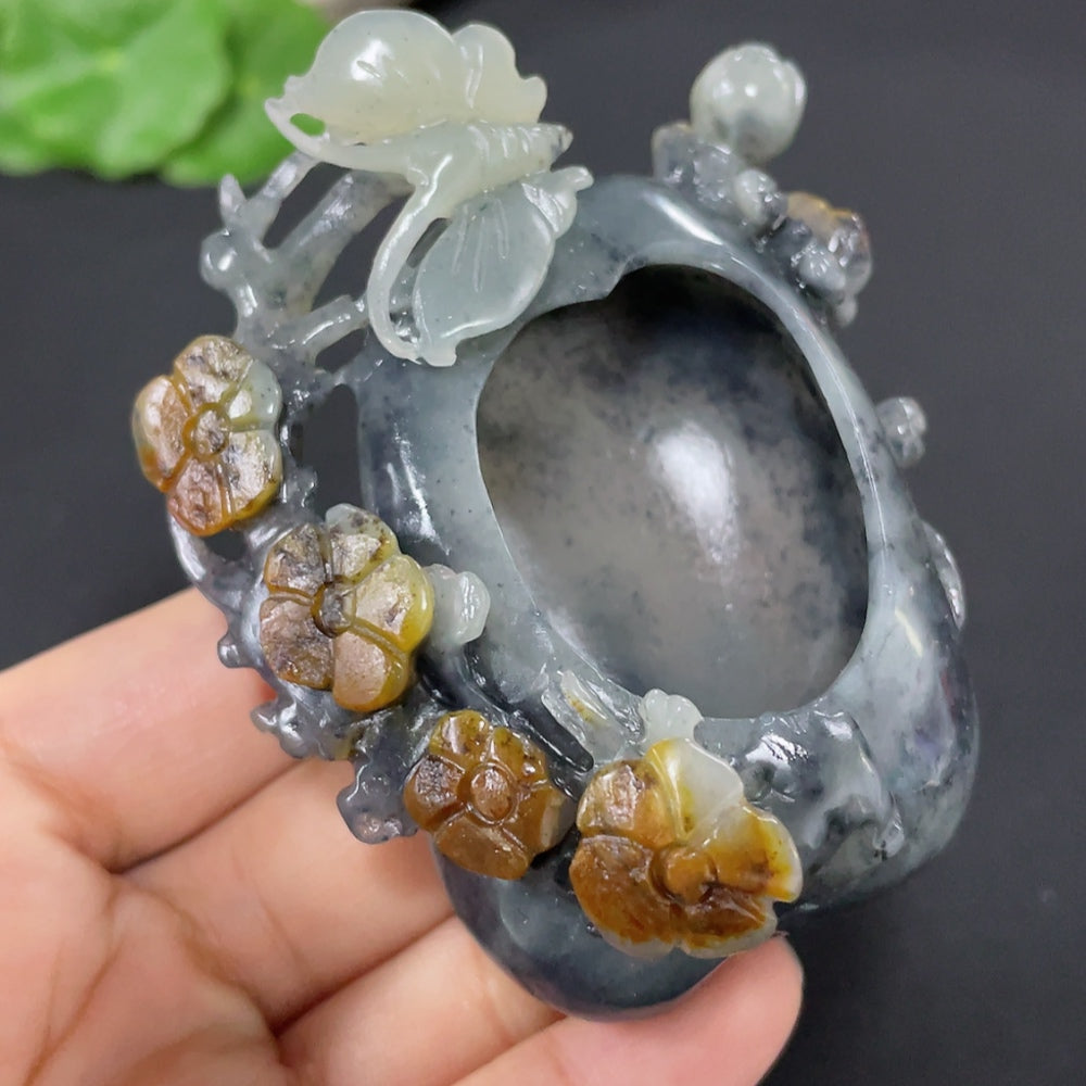 Hetian Jade Ornament - Butterflies in Love with Flowers, ., Undetermined Skin Color Origin, Contains Other Mineral Components | Huiliu Certified