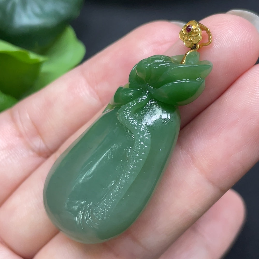 Hetian Jade Flower and Prosperity Pendant 18k Gold Total Weight Approx. 15.9g