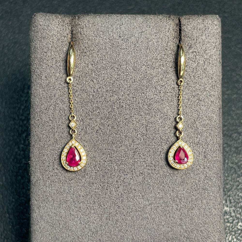 HUILIU HQ ruby earrings with diamond accents, filled gold content Au73%, showcasing vibrant gemstones and elegant design.