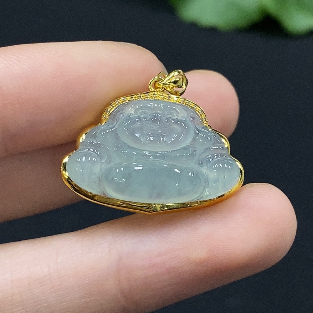 Huiliu Jadeite Buddha pendant inlaid with diamond, showcasing detailed craftsmanship and vibrant green jade, on a jewelry chain.