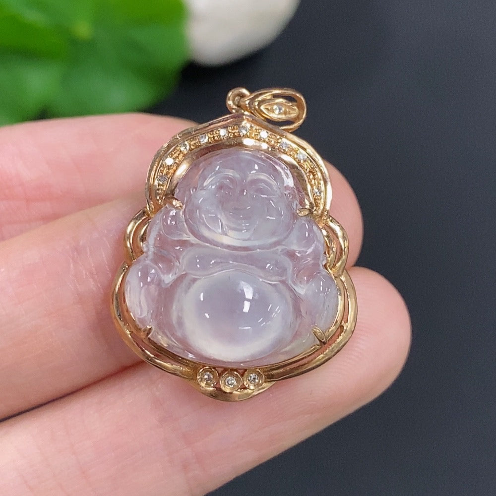 Jadeite Buddha Pendant with 18k Gold, Total Weight Approx. 4g, Diamond Accents