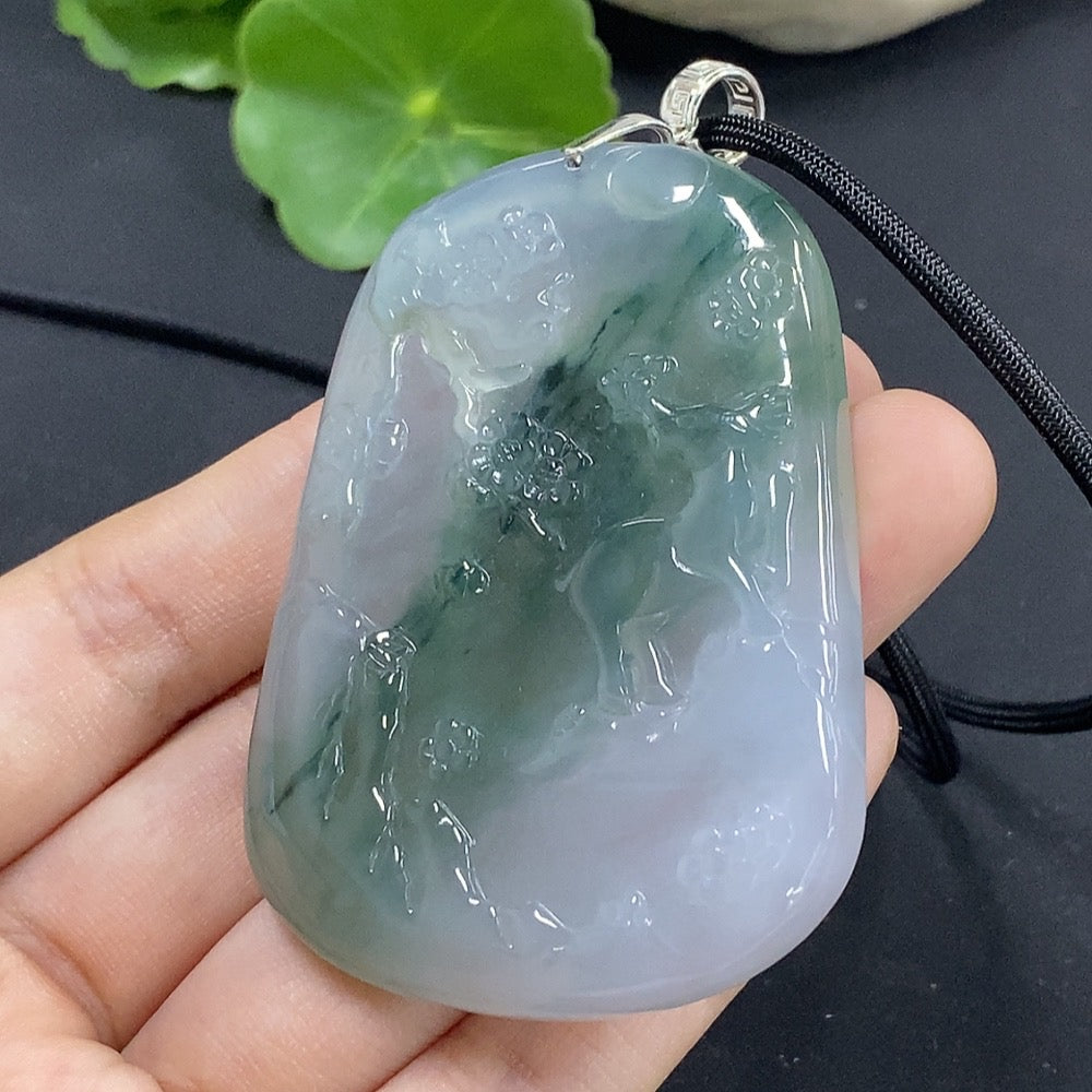 Jadeite landscape pendant by HKHQ featuring intricate non-gold inlaid design, weighs approximately 44.67g with attached rope.