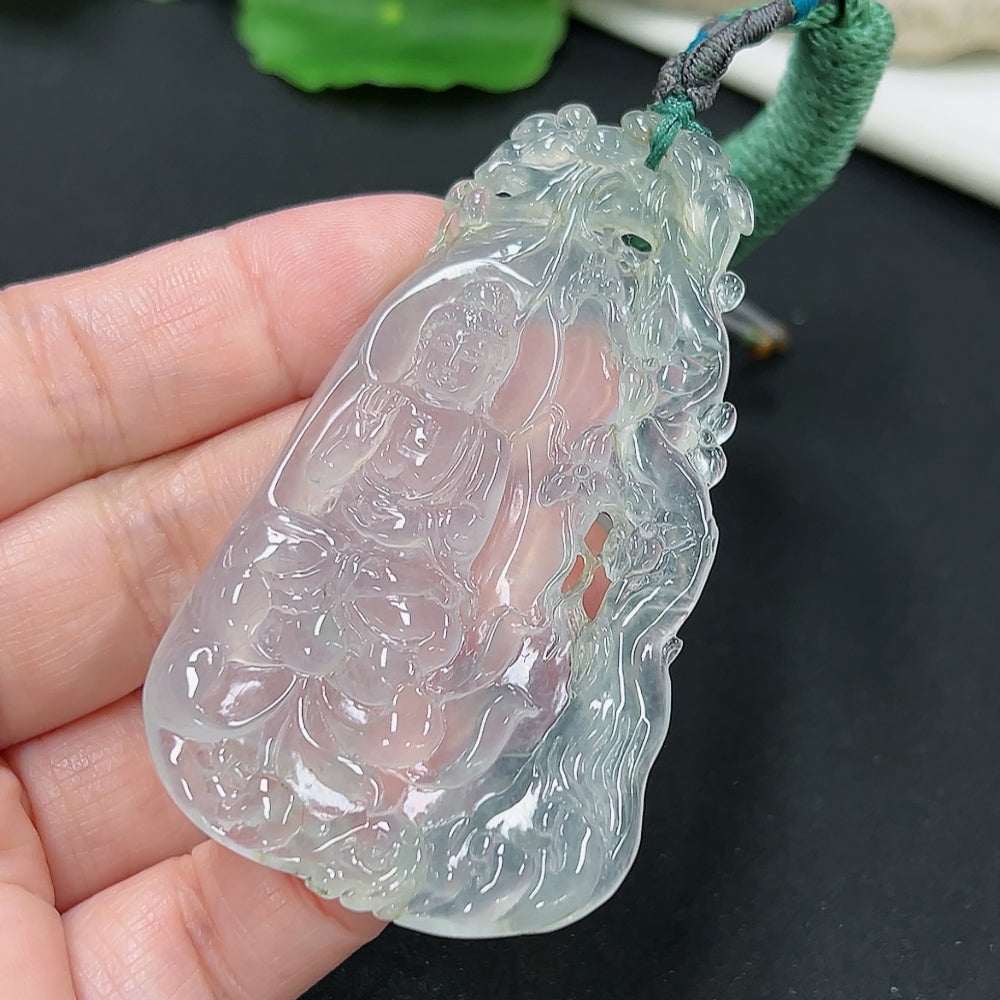 Jadeite pendant featuring Guanyin figure with cord, crafted from jade, weighing approximately 27.4g, by HKHQ.