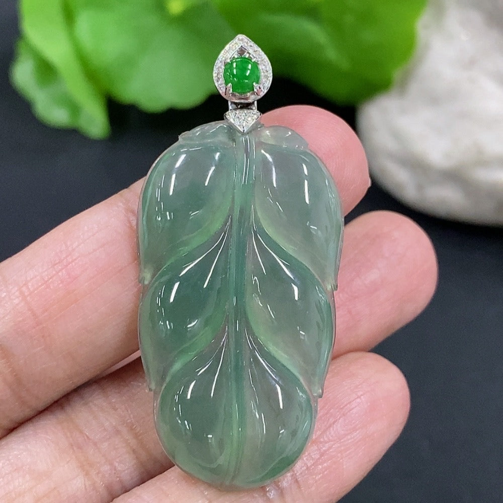 Jadeite Pendant Leaf with 18K Gold and Diamond Accents, Total Weight Approx. 8.2g