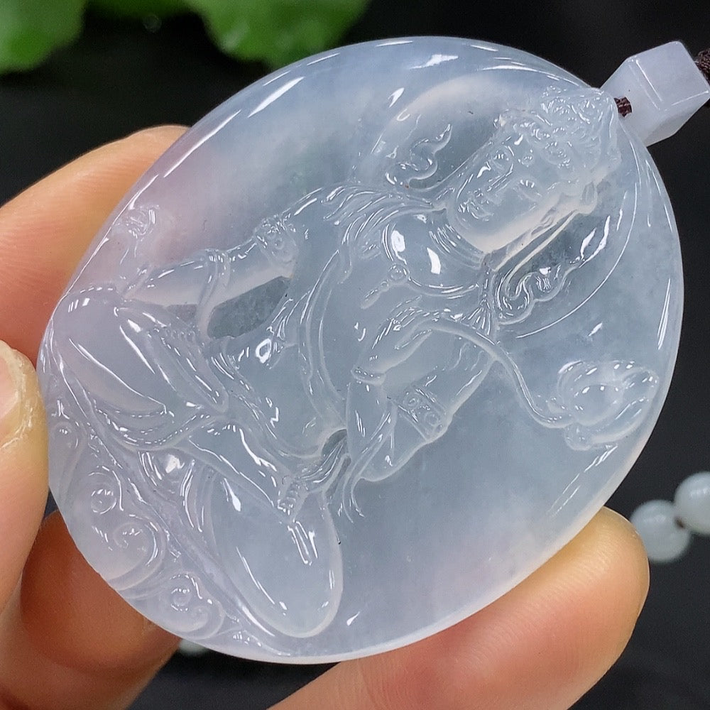 Jadeite Guanyin Pendant with a Total Weight of Approximately 61.89g (Including Chain) and Yellow Beads of Undetermined Color Origin