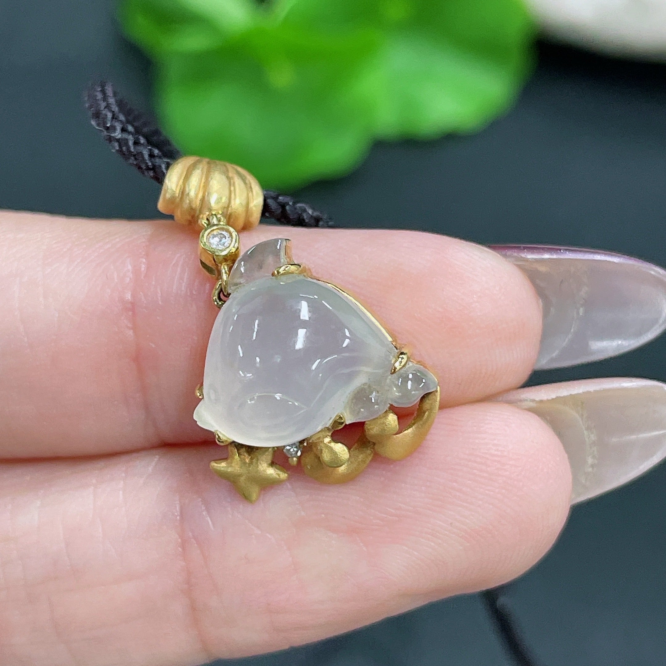 Jadeite Inlaid Pendant No Hallmark 18K Gold Content Diamond Accent Total Weight Approx. 5.28g (Including Cord)
