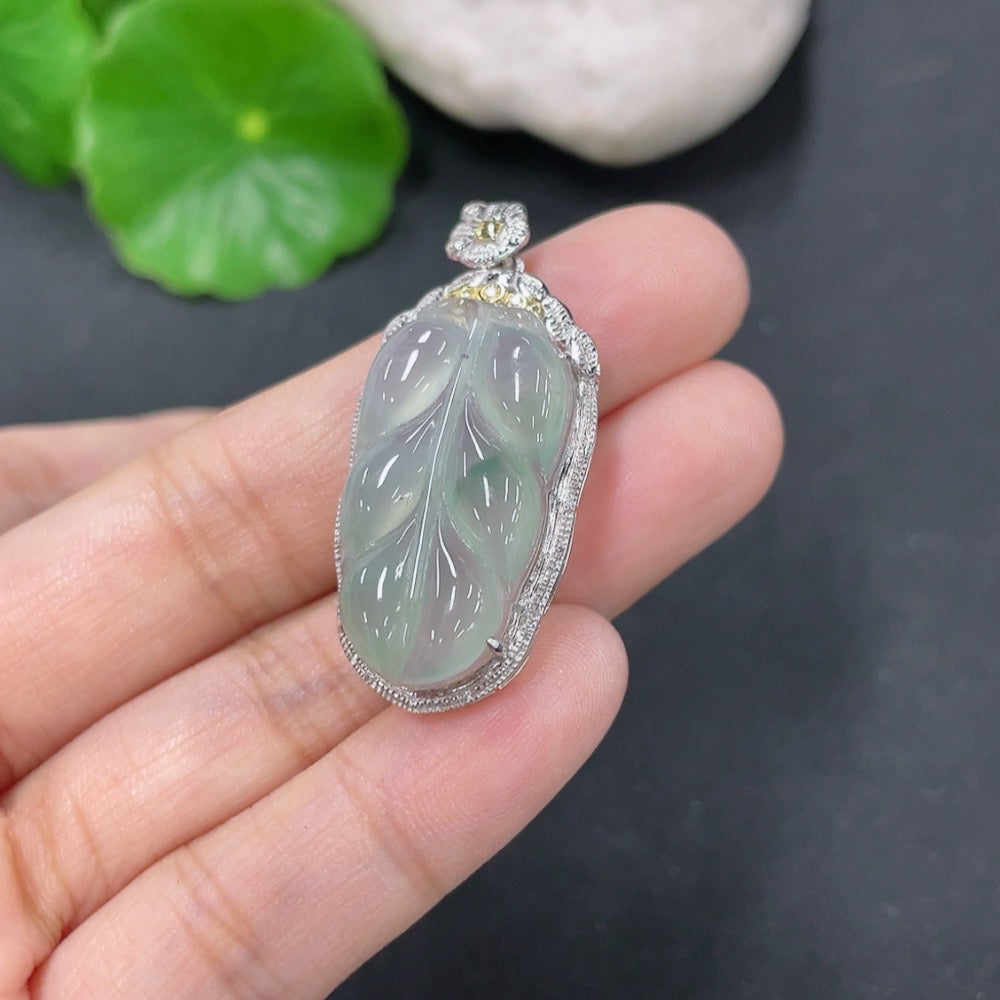 Jadeite leaf pendant with setting, non-diamond (excessive glue affecting quality), . | Huiliu Certified