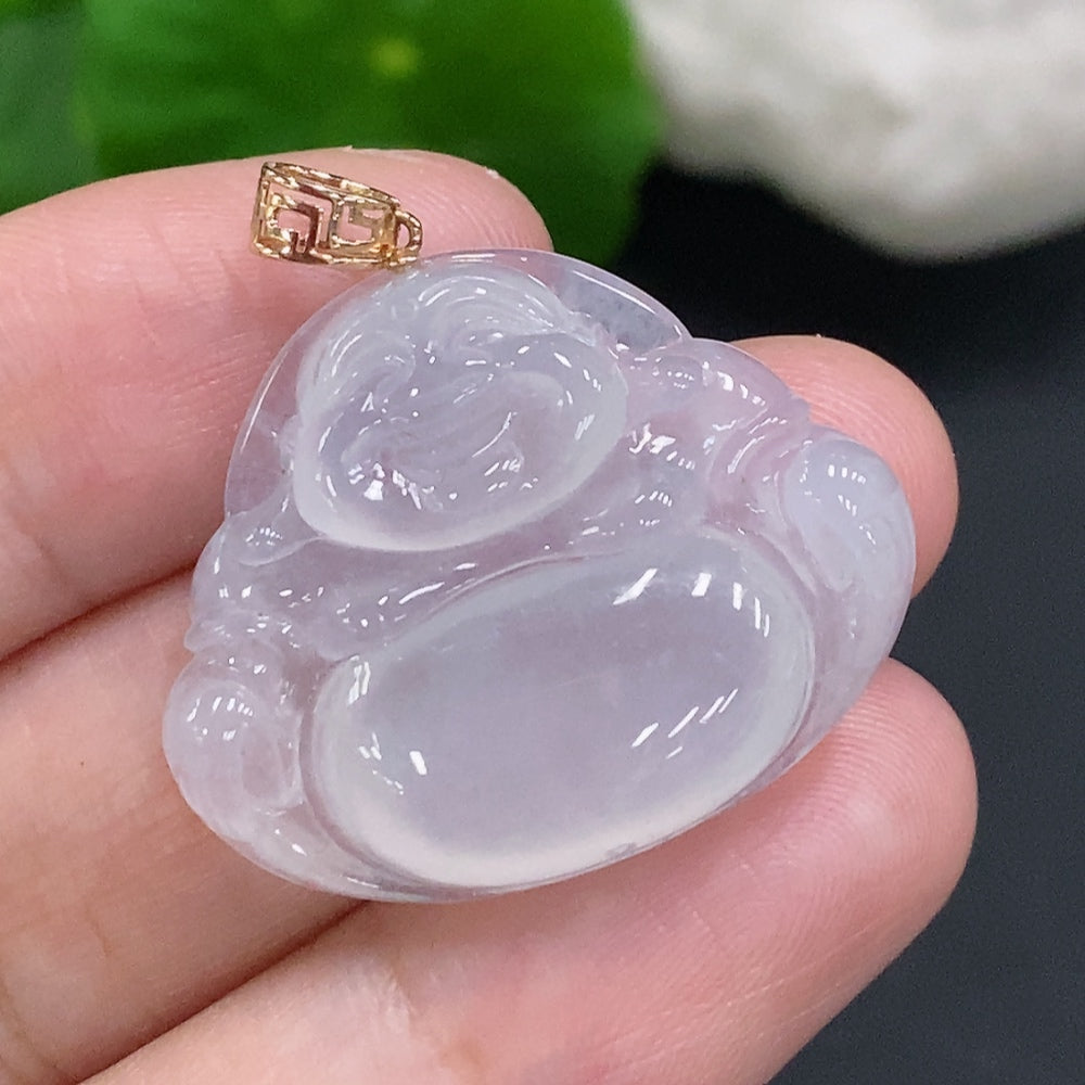 Jadeite Buddha Pendant with 18K Gold Clasp, Total Weight Approximately 6.1g
