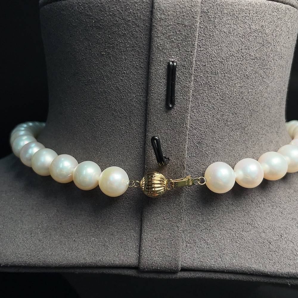 HUILIU HQ gold-plated pearl necklace with 10mm pearls, total weight 56.59g, featuring lustrous white pearls on a delicate chain