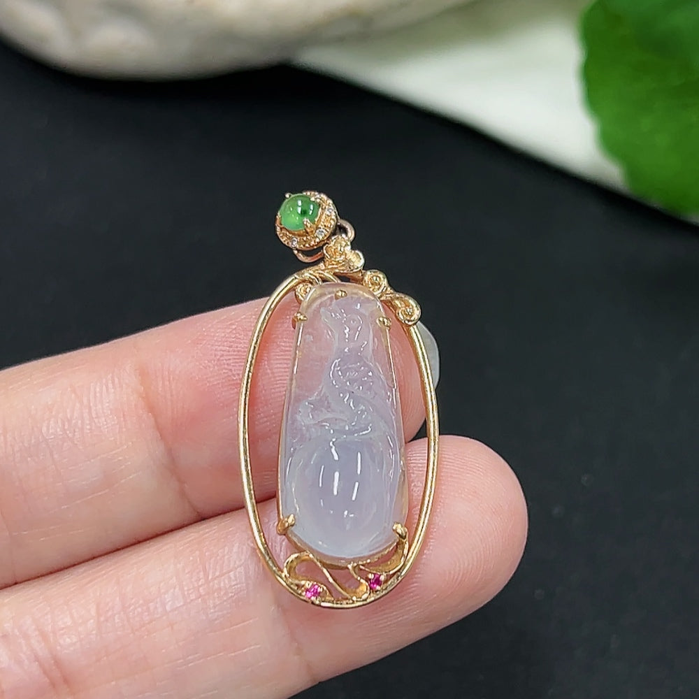 Jadeite pendant with 18K gold setting accented with diamonds, elegant necklace by HKHQ, showcasing a polished jadeite stone.