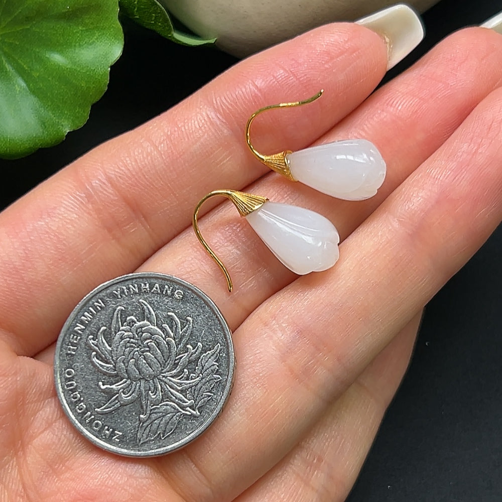 Hetian jade bud earrings with 18k gold setting, featuring delicate jade stones and a lightweight design, crafted by HKHQ.