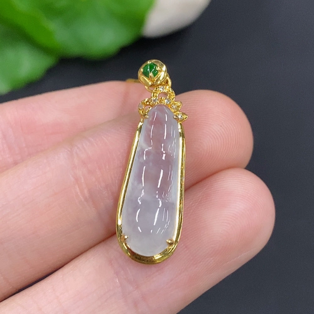 Jadeite Auspicious Bean Pendant Set in, . (Including Chain), Accented with Diamonds | Huiliu Certified