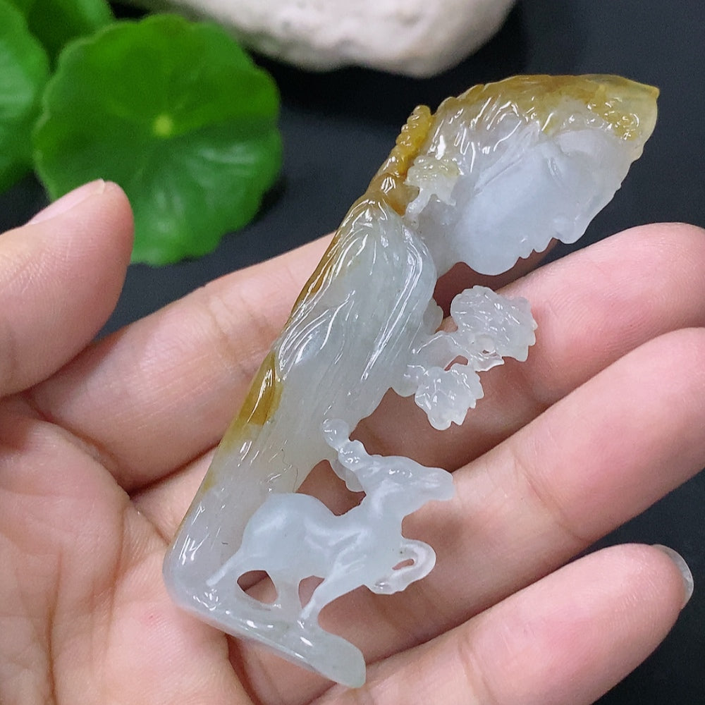 Jadeite Pendant Featuring a Sika Deer, Total Weight Approximately 26.63g, Color Origin Undetermined