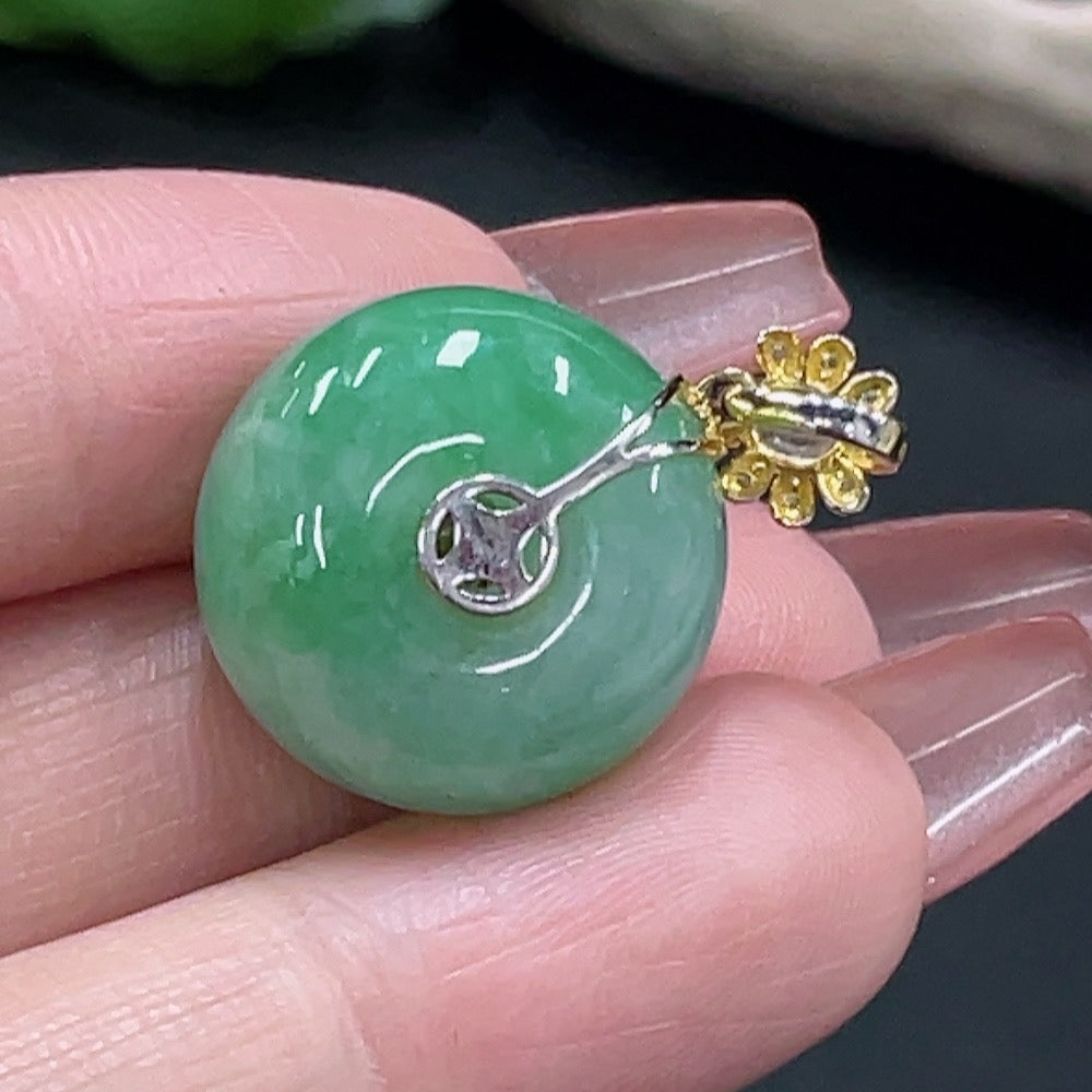 JadeitePeace Button Pendant with 18K Gold and Diamond Accents, Total Weight Approx. 8.99g