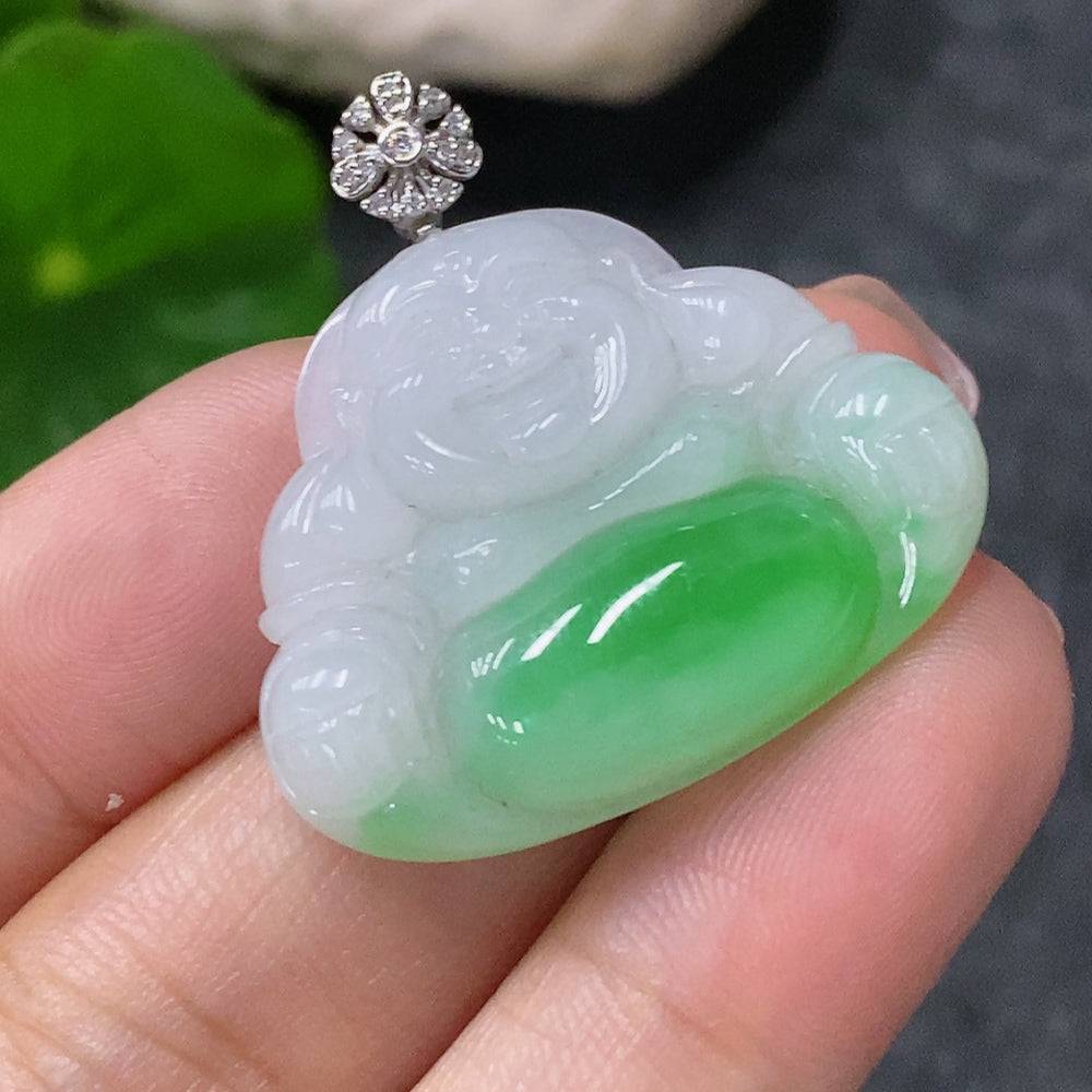 Jadeite Buddha pendant with 18k gold, weighing approximately 6.43g, featuring detailed carved Buddha figure on a jade necklace.