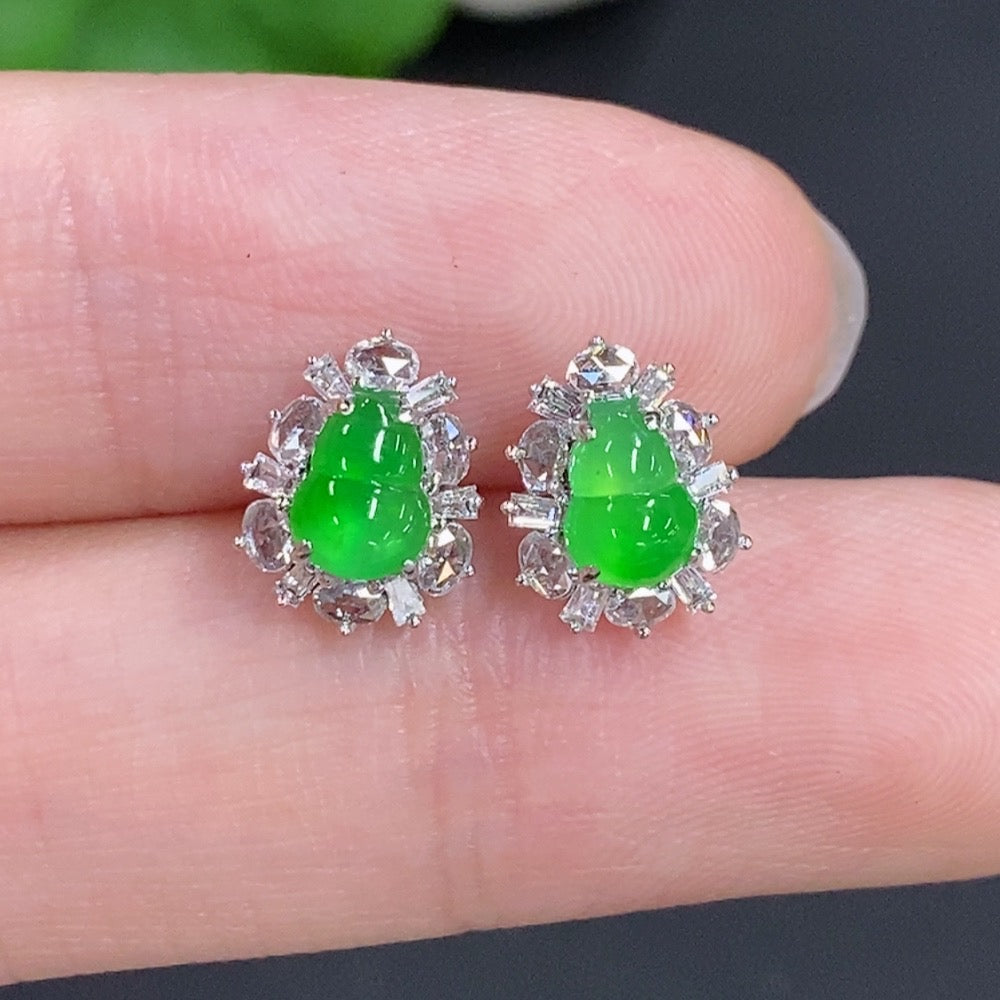Jadeite Gourd Inlaid Earrings 18k Gold with Diamond Accents