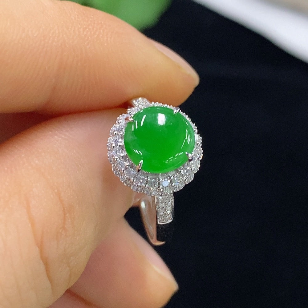 Jadeite ring with 18k gold band and diamond accents, size 14, crafted by HUILIU HQ, featuring a polished jade gemstone.