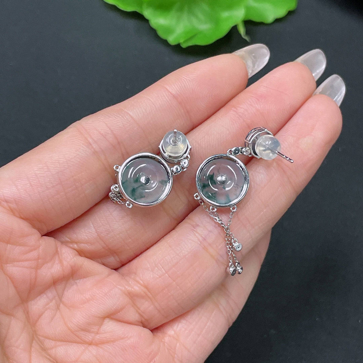 Huiliu Jadeite safety buckle inlaid earrings with diamond accents, including ear backs, showcasing elegant jade jewelry.