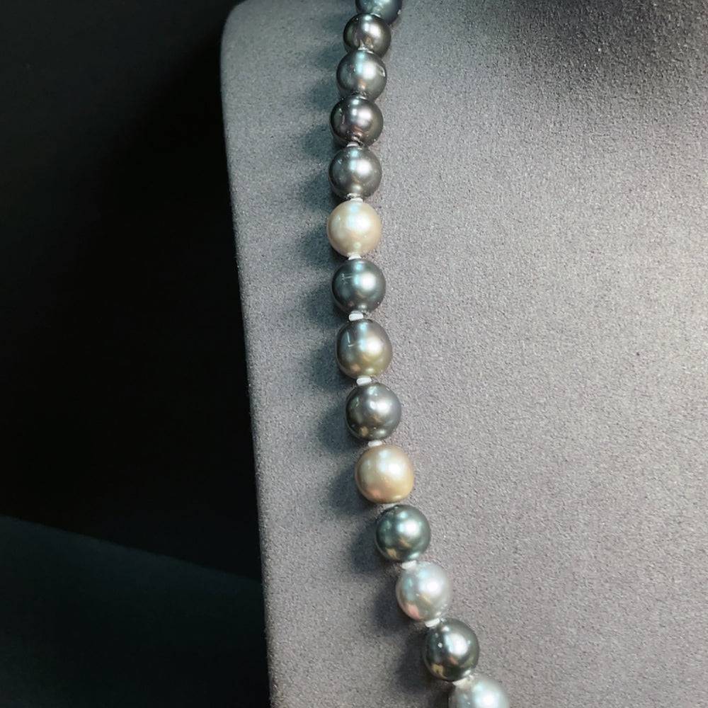 HUILIU HQ seawater pearl strand with 8.2-10.1mm pearls, non-gold color, weighing about 49.68g, arranged in a continuous strand.