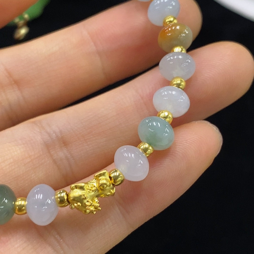 Jadeite Inlaid Bracelet Approx. 6.7mm Beads Total Weight 10.86g Unmarked Surface Gold Tested/Chain/Connectors Non-Gold Beads AU80% String Non-Gold Rest AU98% Red Color Origin Undetermined Gold Fragile